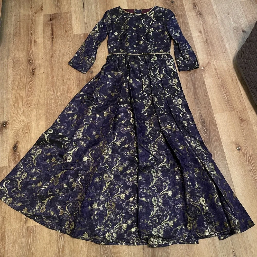 VTG Midnight blue gold lace fairytale princess dress formal gown sz small M 28”W - Picture 5 of 13